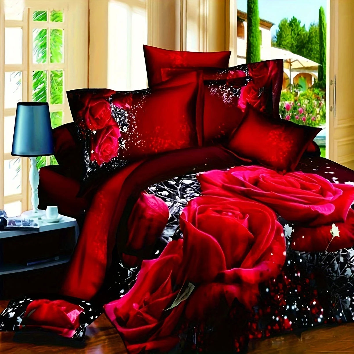 2/3pcs Duvet Cover Set, Red Rose Print